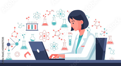 Scientist working on laptop with chemical formulas and lab equipment