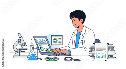 Scientist working on laptop with data analysis charts and lab equipment