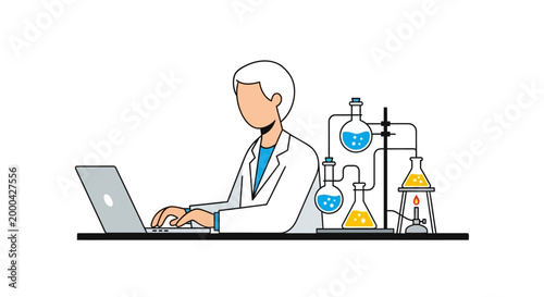 Scientist working on laptop with chemistry equipment and experiments