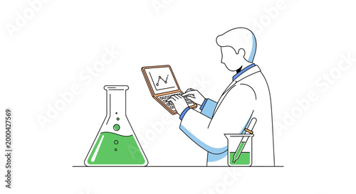 Scientist Working on Laptop with Flask and Beaker in Laboratory