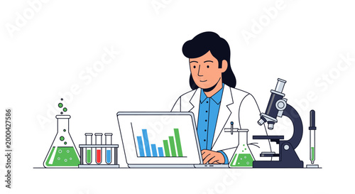 Scientist working on laptop with microscope and lab equipment