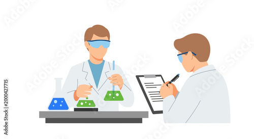 Scientists conducting experiment in laboratory with beakers and clipboard