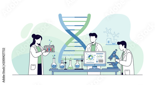 Scientists in lab coat studying DNA helix and conducting experiments, science research concept