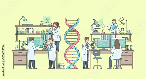 Scientists in a modern laboratory studying DNA structure and genetics research