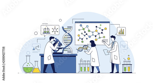 Scientists in lab coats studying DNA and molecular structures on screens