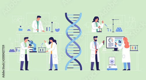 Scientists in Laboratory Conducting DNA Research with Microscope and Computer Data Analysis