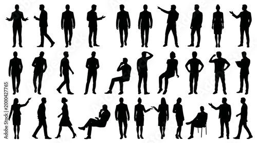 Collection of Silhouettes of Diverse People in Various Poses and Activities