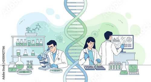 Scientists in Laboratory Studying DNA Helix, Research and Development, Biotechnology
