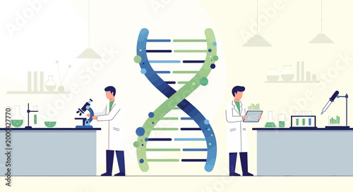 Scientists in laboratory with DNA helix, research, biotechnology, genetics, medical science