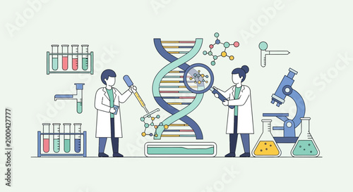 Scientists researching DNA structure and molecular compounds in a modern laboratory setting.