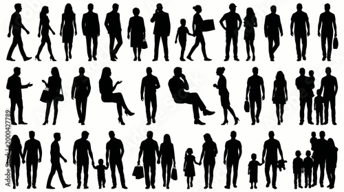 Collection of diverse silhouettes of people in various poses, including walking, standing, sitting, and carrying items, representing different genders and ages