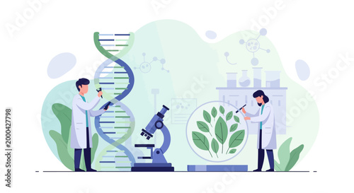 Scientists studying DNA and plants with microscope, biotechnology research concept