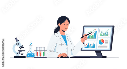 Scientist analyzing data on computer with microscope and lab equipment
