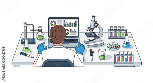 Scientist Analyzing Data on Laptop in Laboratory with Equipment