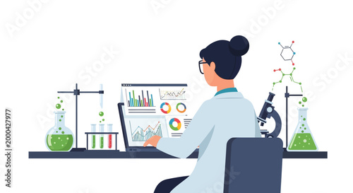 Scientist analyzing data on laptop in laboratory with equipment and molecules