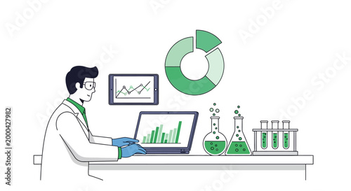 Scientist analyzing data on laptop with charts and lab equipment