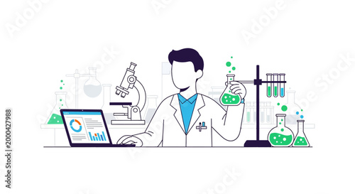 Scientist analyzing data on laptop with chemical experiments in laboratory