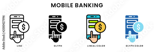 Set of 4 mobile banking icons line, glyph, lineal color, blue glyph editable including smartphone payment, finger tap, dollar symbol, digital transaction, online banking