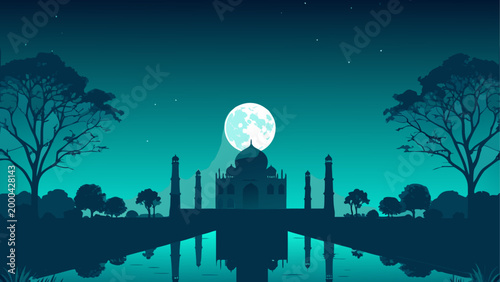 Silhouette of person meditating under full moon in night forest