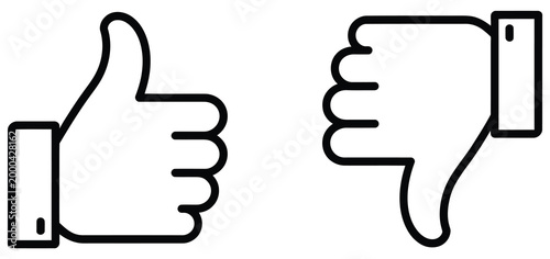 Like and dislike icon vector isolated on white background, minimal outline design showing hand gesture icons for positive and negative reactions, suitable for review systems, surveys, and engagement