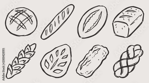 Hand-drawn vector illustration set of fresh bakery products and wheat ear in a sketchy doodle style, perfect for food and cooking designs