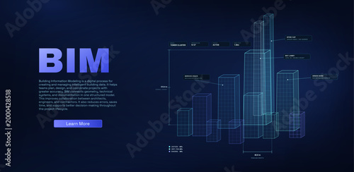 BIM Digital Banner with 3D Hologram Wireframe Skyscraper Concept.
Futuristic BIM banner featuring wireframe high-rise buildings ideal for building information modeling. Vector 3d illustration