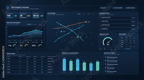Fleet Dispatch Command Operations Dashboard. Dark operations dashboard showing fleet map, dispatch metrics, route analytics, alerts, driver matrix and response timeline for logistics. Vector HUD