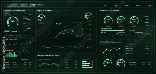 Search and Rescue Control System Display. Futuristic cyberpunk command dashboard with rescue radar, survivor index, diagnostics, route analysis and field monitoring for emergency response. Vector hud