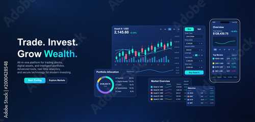 Fintech Trading Platform Landing Page Banner. Binary option app. Dark fintech banner with trading charts, buy panel and mobile app screens for stock market, crypto exchange. Vector UI App