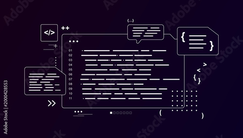 Abstract Coding Interface with Developer Symbols. Minimalist programming illustration with code editor lines, brackets, document cards and white outline elements for software development. Vector