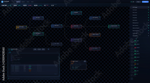 Node-Based API Workflow Dashboard Interface. Vector mockup app. Dark node-based API workflow dashboard with pipeline canvas, connected service blocks, metrics, logs. Vector Application template