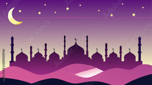 Silhouette of fantasy castle under purple moonlit sky with stars
