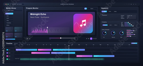 Video Editing Software Timeline Interface. Dark video editing dashboard with media library, program monitor, inspector controls and multitrack timeline for creative production, audio. Vector UI App