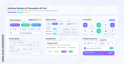 Generative AI Tool Button Interface Kit. Clean vector UI kit with AI action buttons, prompt utilities, icon controls, sliders, toggles and dialog components for generative software. Vector UI for App