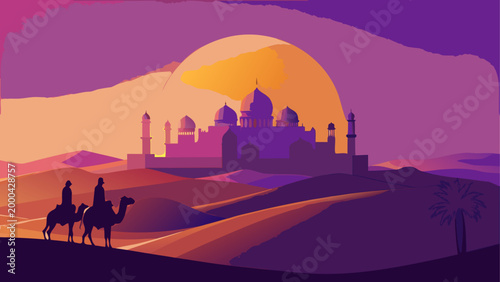 Silhouette of camel caravan at desert sunset with pyramids
