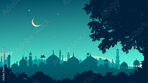 Full moon rising over dark forest at night with silhouettes