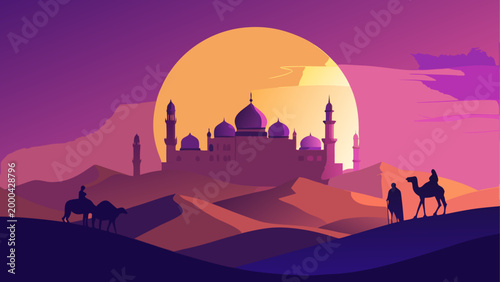 Silhouette of mosque at sunset with full orange moon