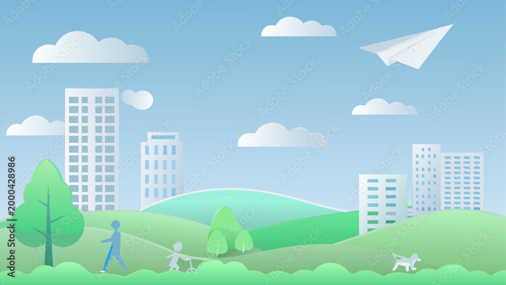 Obraz premium Airplane flying over wind turbines in green countryside landscape