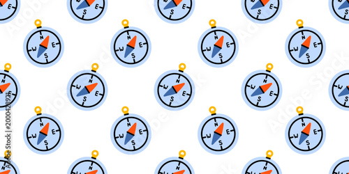 Vector seamless pattern with compass on white background. Adventure and navigation travel design with blue round compass for hiking map, fabric, textile, wallpaper, wrapping paper and repeat print.