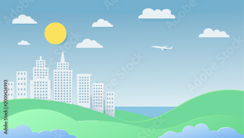 Yellow hot air balloon flying over green hills with sun and clouds