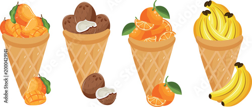 set of icons of various exotic fruits in waffle cups, denoting the taste of ice cream, for menus, posters or other thematic designs on the theme of food