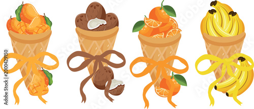 set of icons of various exotic fruits in waffle cups and colored bows denoting the taste of ice cream, for menus, posters or other thematic designs on the theme of food