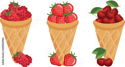set of icons of various berries in waffle cups, denoting the taste of ice cream, for menus, posters or other thematic designs on the theme of food