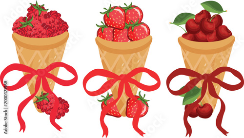 set of icons of various berries in waffle cups and colored bows denoting the taste of ice cream, for menus, posters or other thematic designs on the theme of food