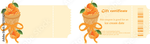 set of discount coupon templates with ripe bright oranges in waffle cups and an orange bow, for printing, discounts and ice cream certificates