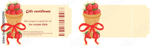 set of discount coupon templates for ice cream with strawberries in waffle cups and a pink bow, for printing, discounts and certificates for ice cream