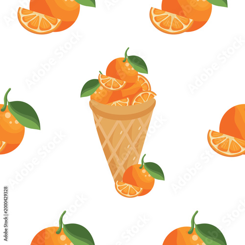 pattern with waffle cups and ripe oranges in the cup, denoting the taste of ice cream, for printing, textiles or packaging