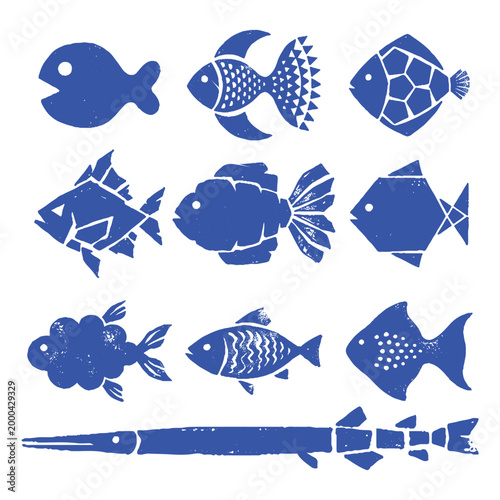 Blue fish vector collection in hand drawn linocut illustration on white.