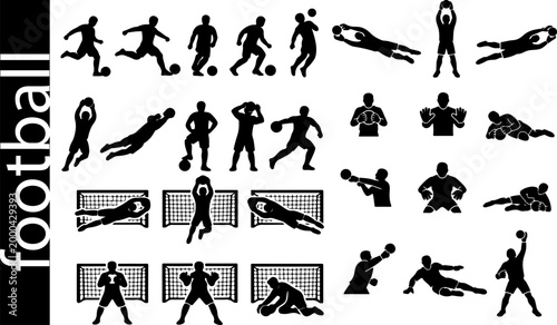 set of shadow icons of various football players in different poses and shapes during a match, for social media, printing or other designs