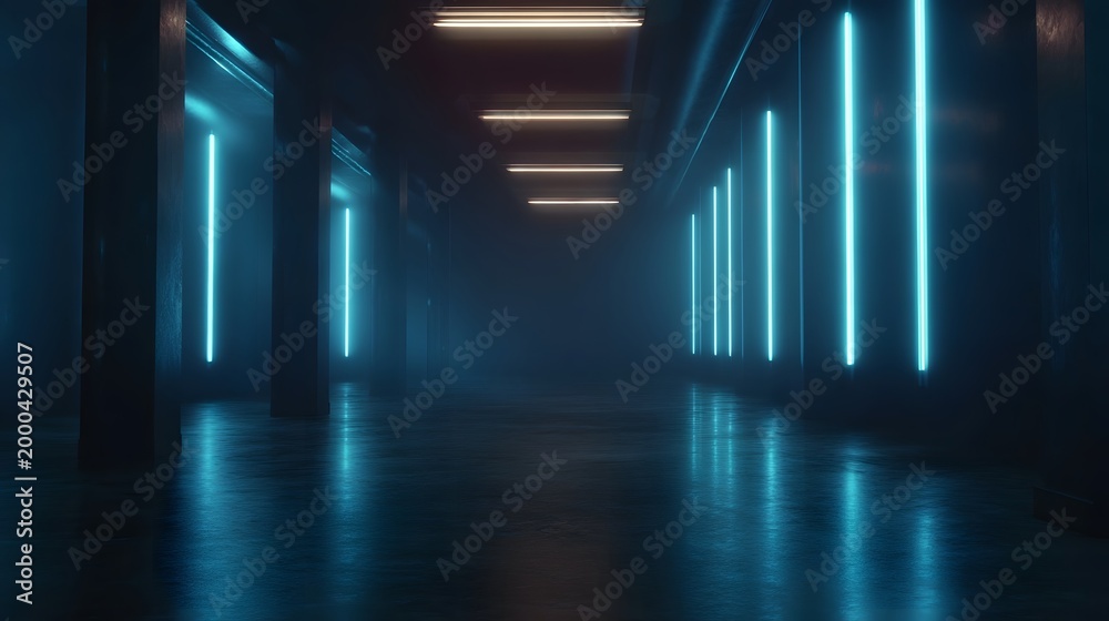 Fototapeta premium A striking view down a modern corridor illuminated by vibrant blue neon lights emphasizing depth and advanced technology